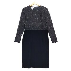 Talbots Sheath Dress Women 10 Black Sequin Beaded Lace Velvet Long Sleeve Formal